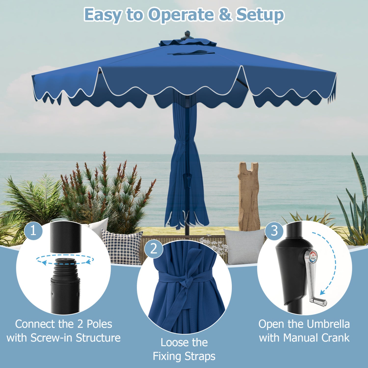 9 Feet Patio Umbrella, Crank Handle, Push Button Tilt, Navy Outdoor Umbrellas at Gallery Canada