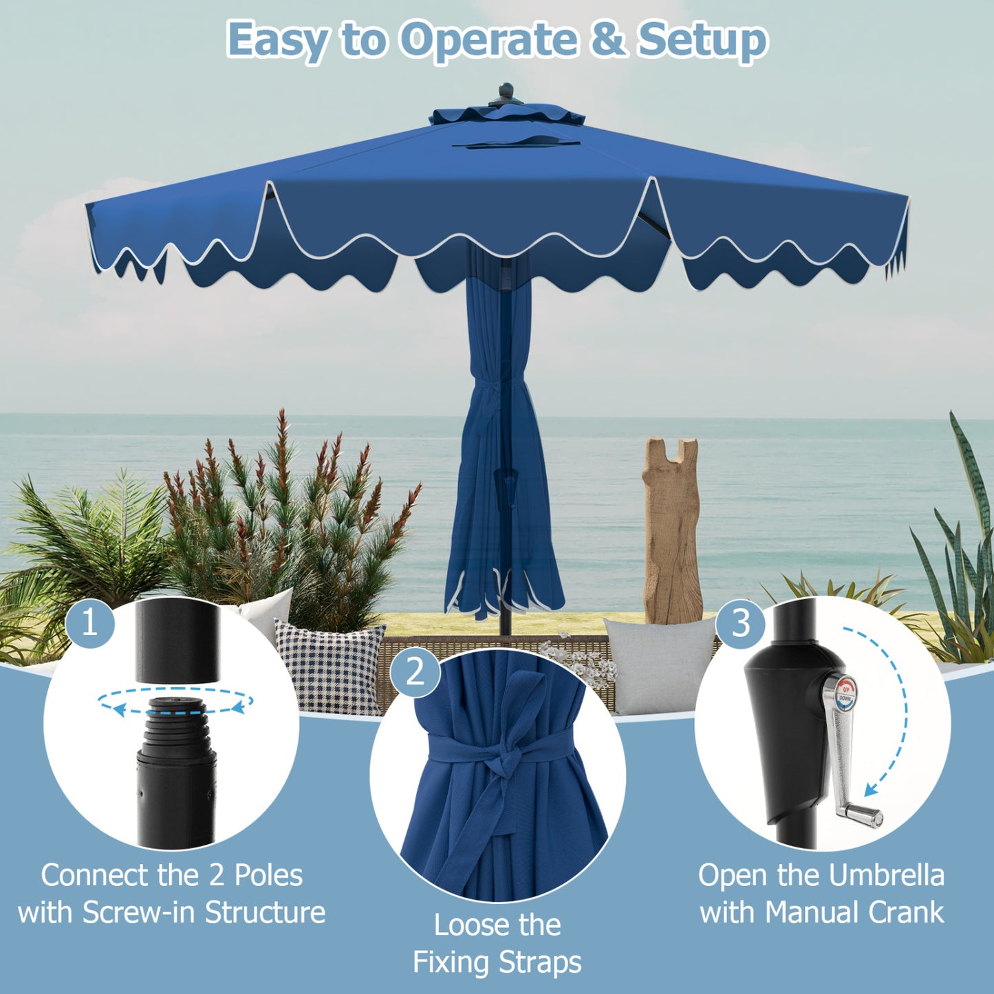 9 Feet Patio Umbrella, Crank Handle, Push Button Tilt, Navy Outdoor Umbrellas at Gallery Canada