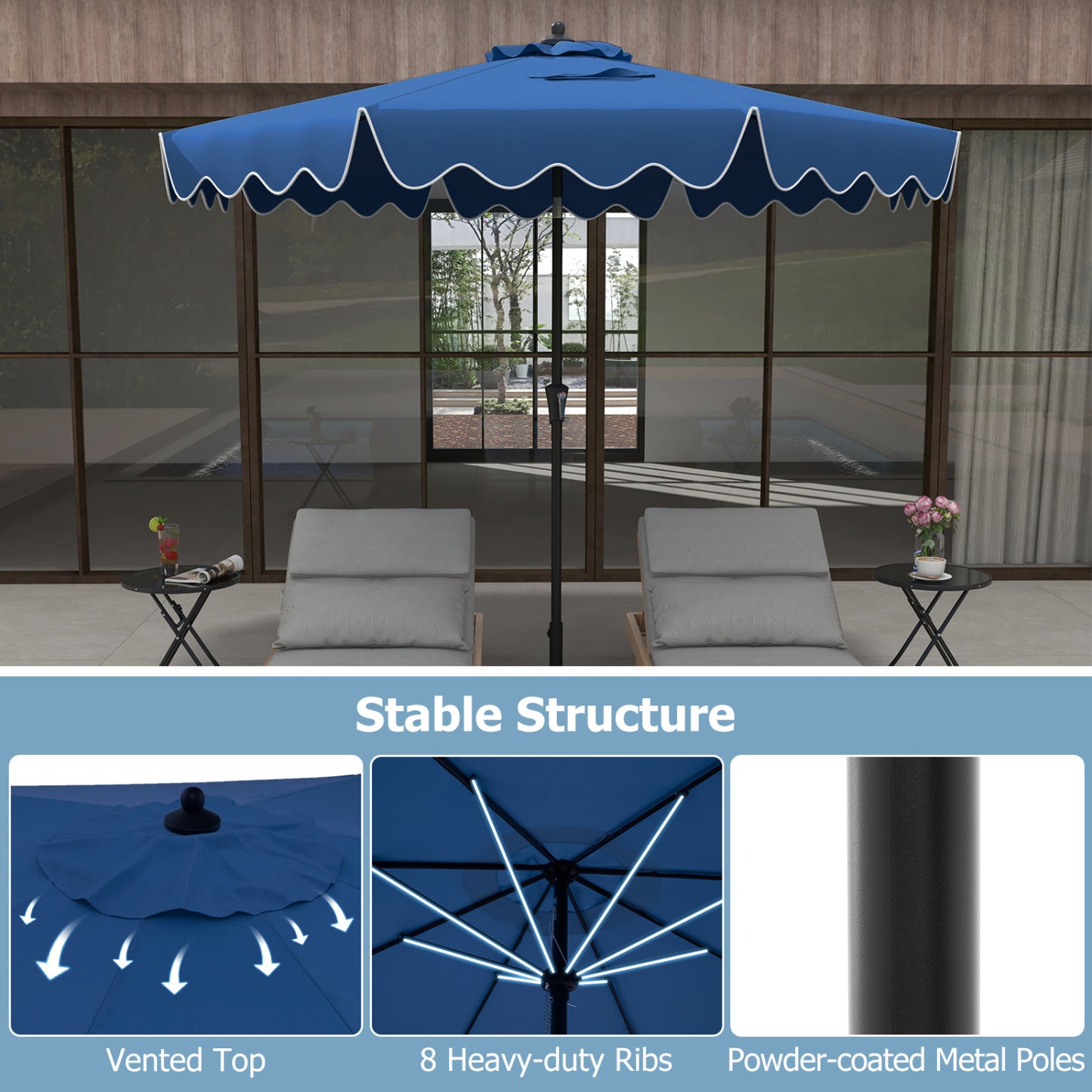 9 Feet Patio Umbrella, Crank Handle, Push Button Tilt, Navy Outdoor Umbrellas at Gallery Canada