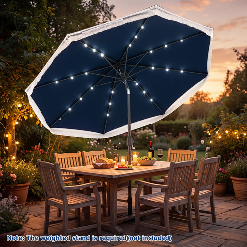 9 Feet Solar Patio Umbrella, 24 LED Lights, Navy