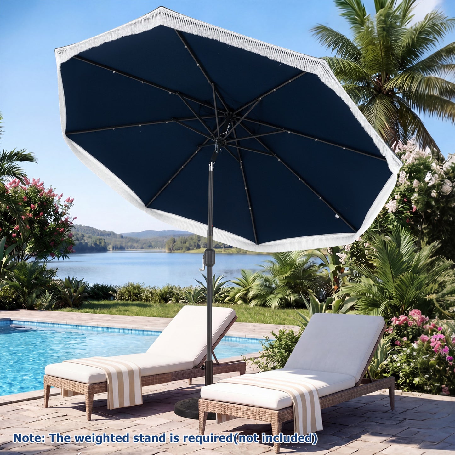 9 Feet Solar Patio Umbrella, 24 LED Lights, Navy Outdoor Umbrellas at Gallery Canada