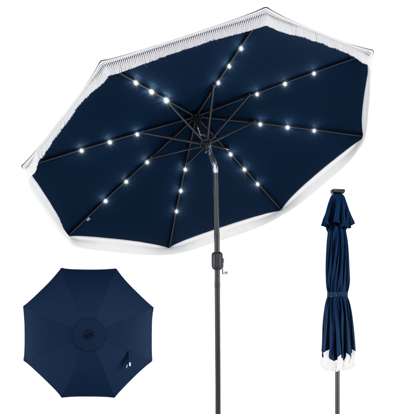 9 Feet Solar Patio Umbrella, 24 LED Lights, Navy Outdoor Umbrellas Navy at Gallery Canada