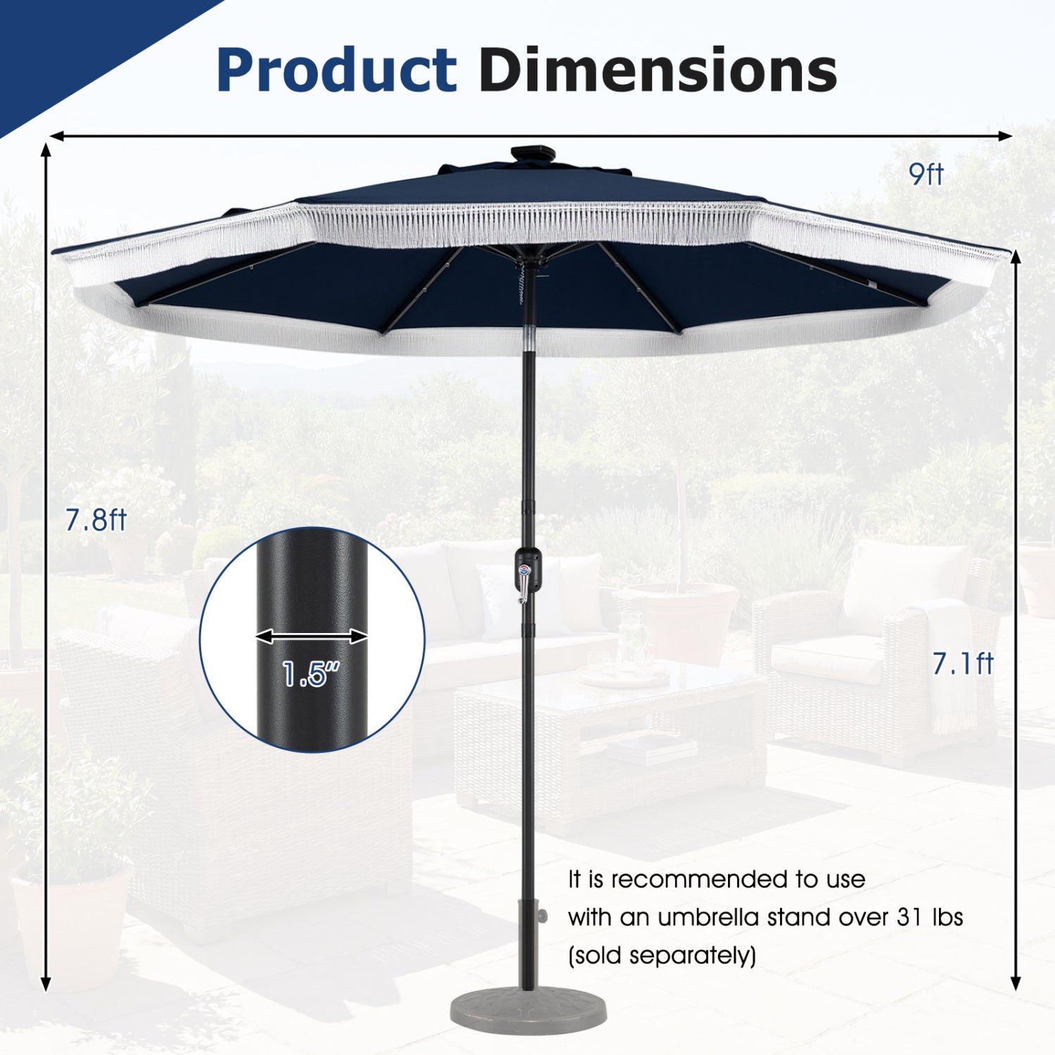 9 Feet Solar Patio Umbrella, 24 LED Lights, Navy Outdoor Umbrellas at Gallery Canada