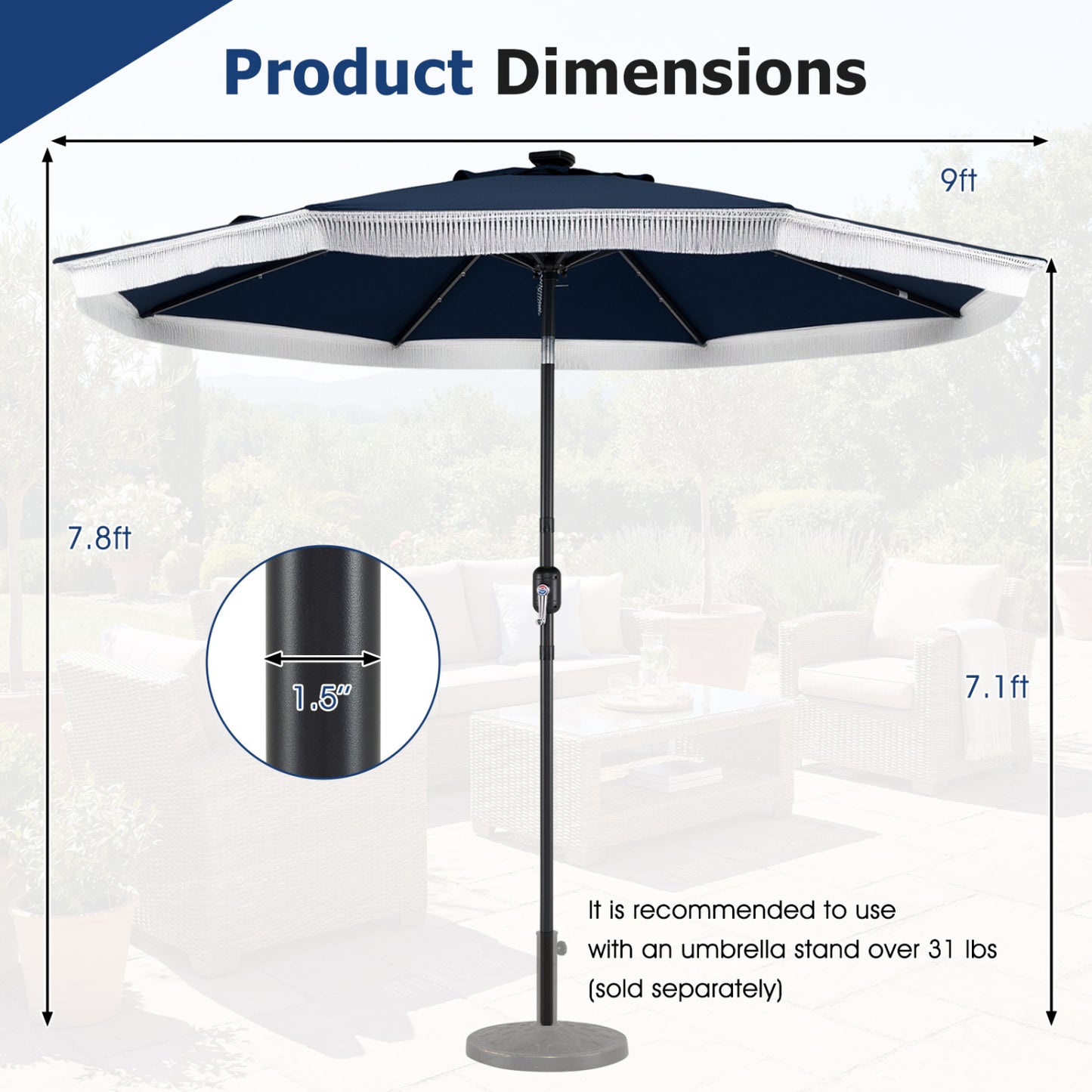 9 Feet Solar Patio Umbrella, 24 LED Lights, Navy Outdoor Umbrellas at Gallery Canada