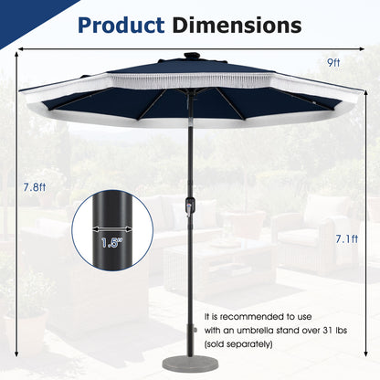 9 Feet Solar Patio Umbrella, 24 LED Lights, Navy Outdoor Umbrellas at Gallery Canada