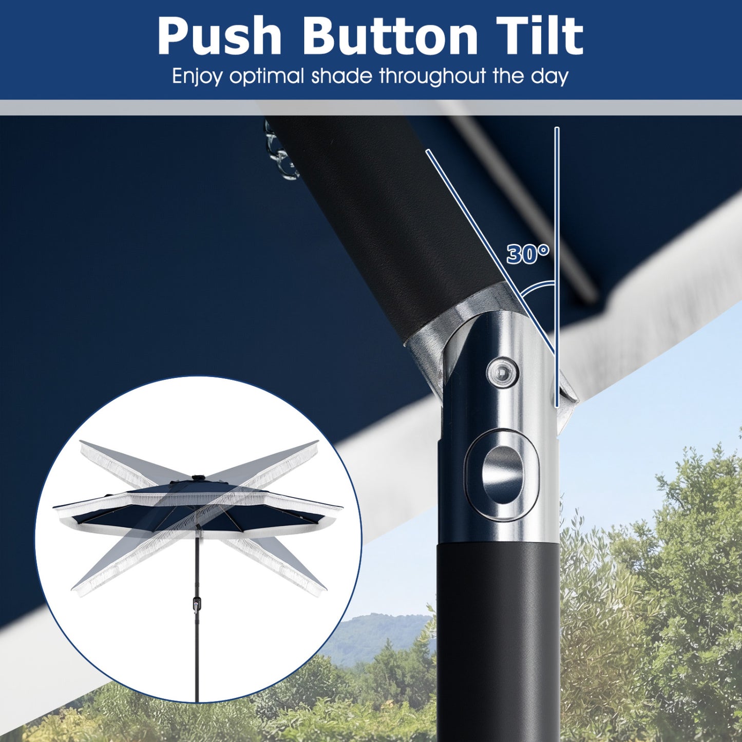 9 Feet Solar Patio Umbrella, 24 LED Lights, Navy Outdoor Umbrellas at Gallery Canada