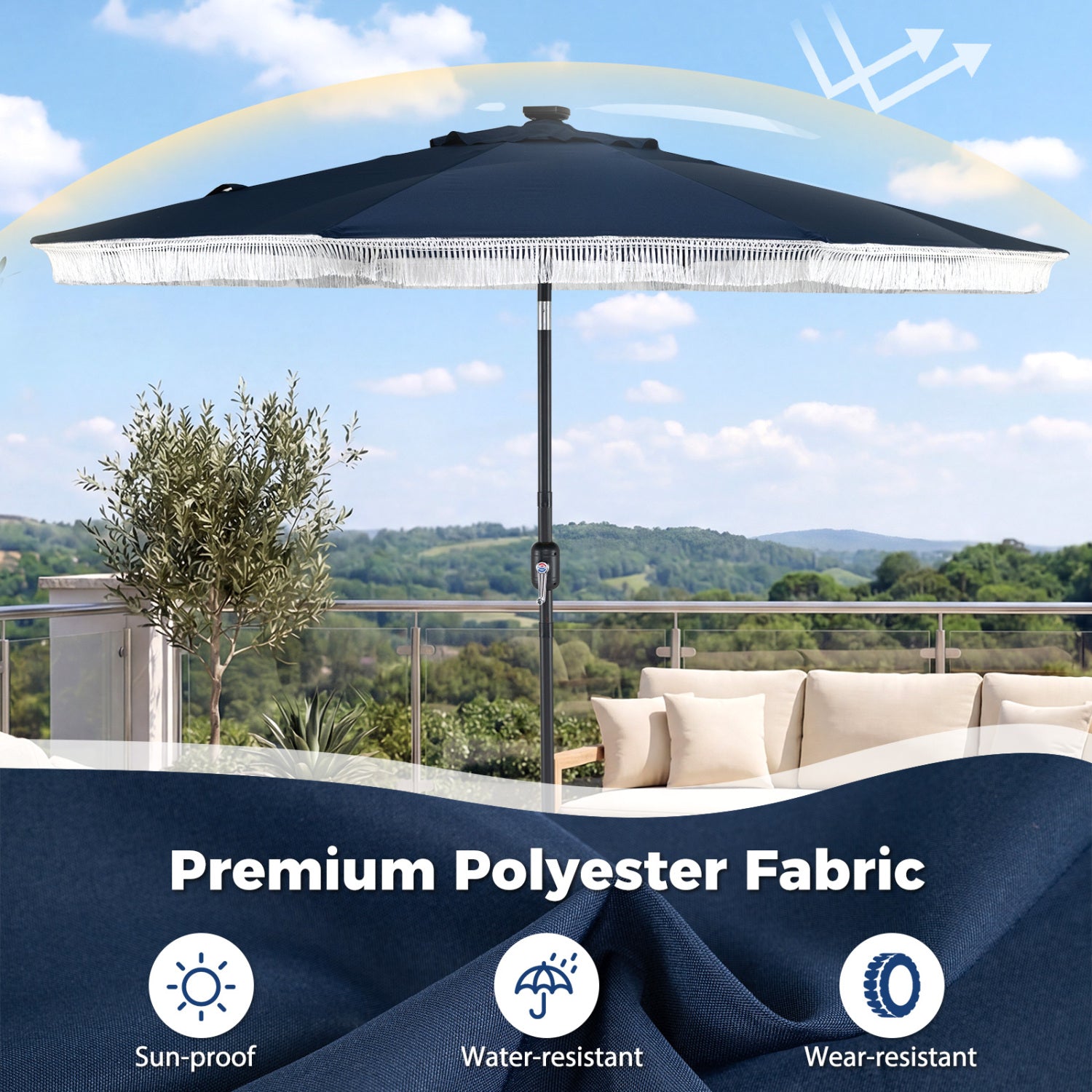 9 Feet Solar Patio Umbrella, 24 LED Lights, Navy Outdoor Umbrellas at Gallery Canada