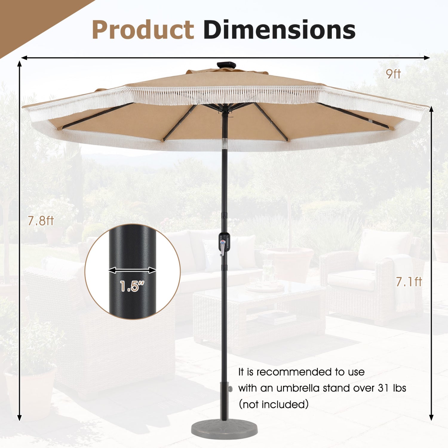 9 Feet Solar Patio Umbrella With 24 LED Lights, Beige Outdoor Umbrellas at Gallery Canada