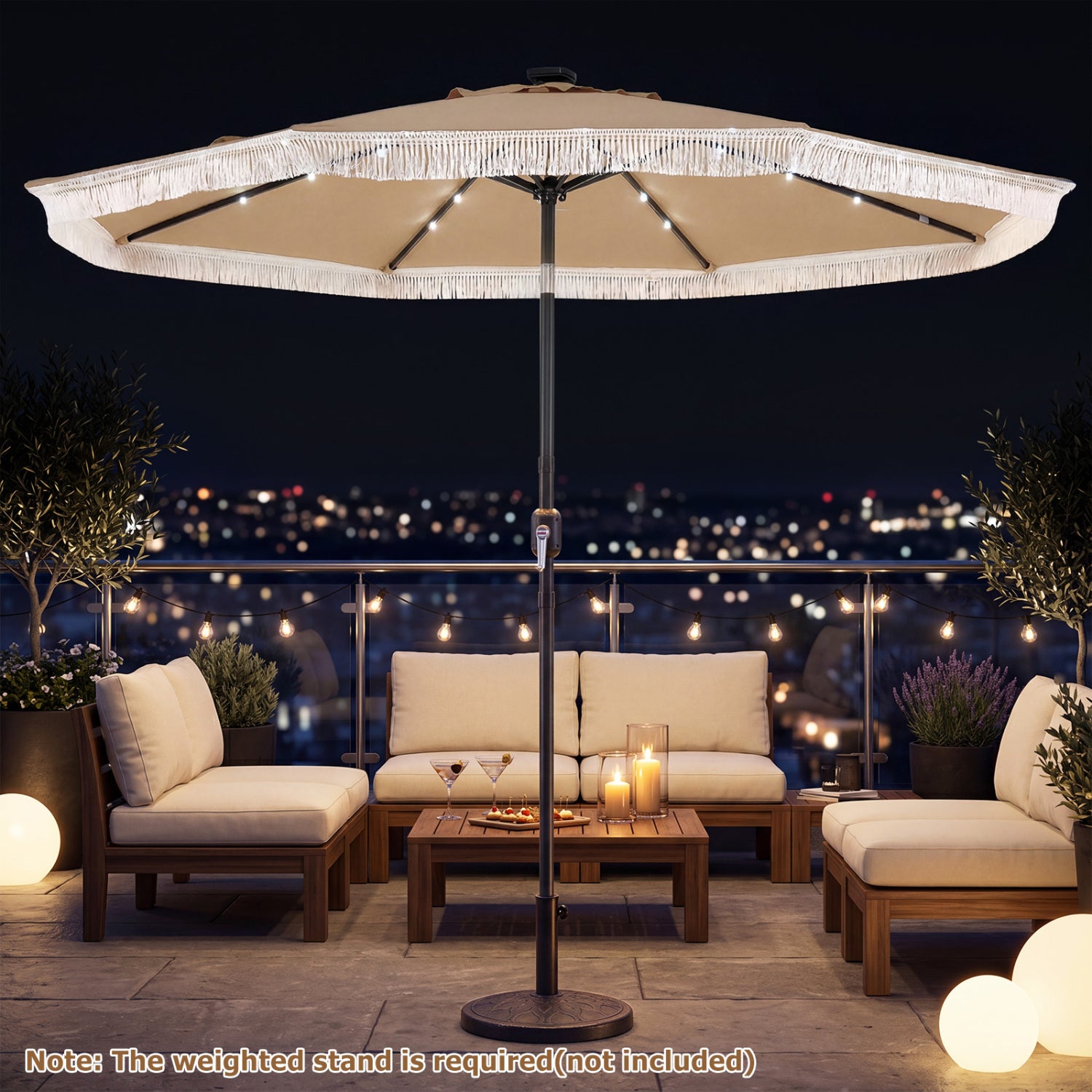 9 Feet Solar Patio Umbrella With 24 LED Lights, Beige Outdoor Umbrellas at Gallery Canada