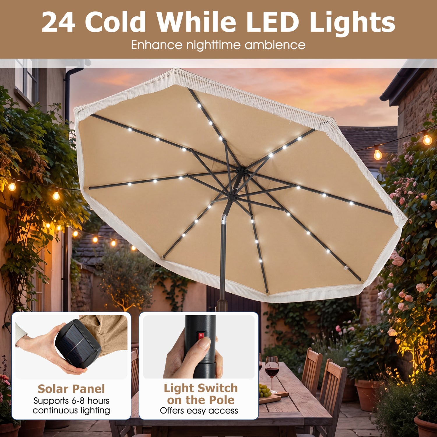 9 Feet Solar Patio Umbrella With 24 LED Lights, Beige Outdoor Umbrellas at Gallery Canada