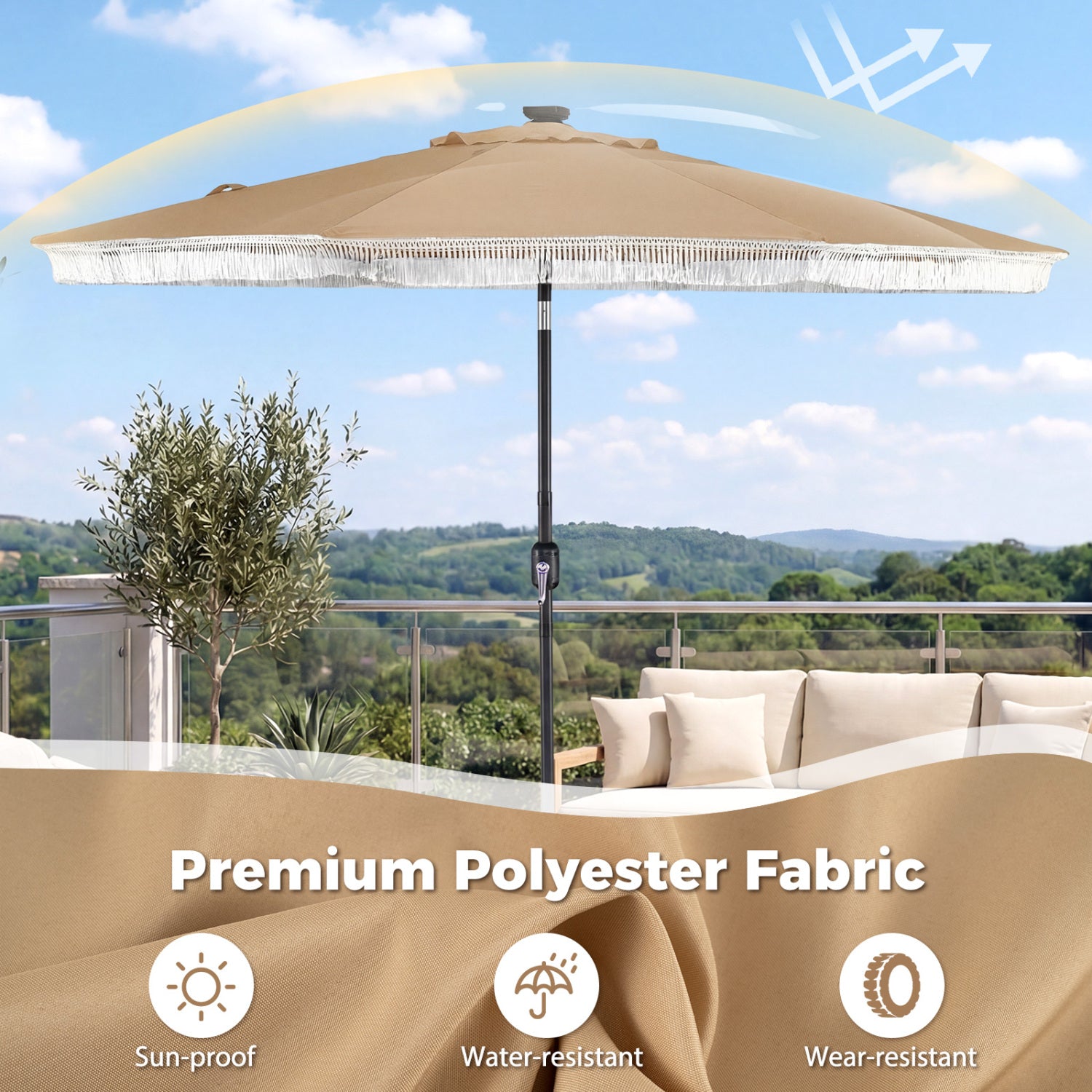 9 Feet Solar Patio Umbrella With 24 LED Lights, Beige Outdoor Umbrellas at Gallery Canada