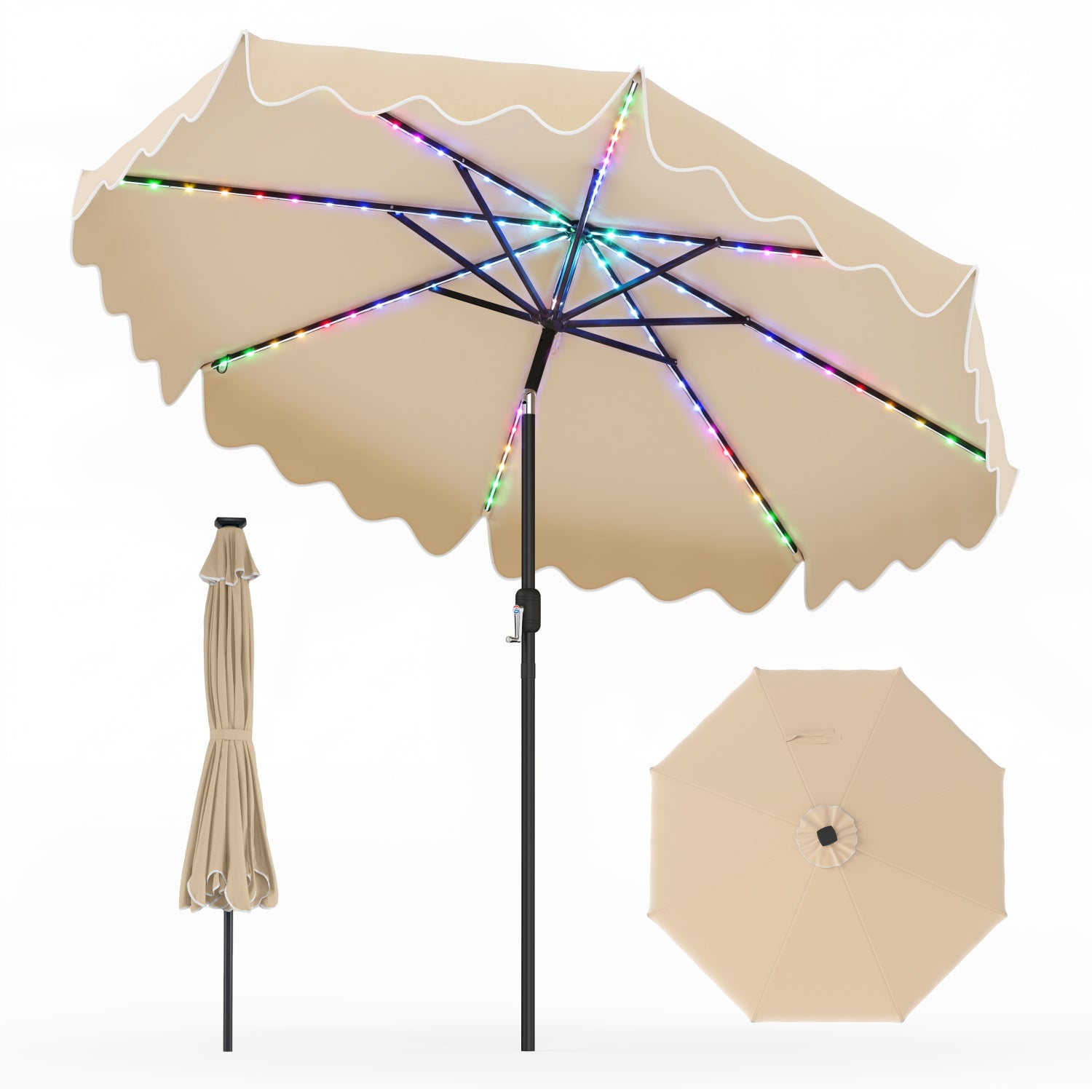 9 Feet Solar Patio Umbrella with Color-Changing LED Lights, Beige Outdoor Umbrellas at Gallery Canada