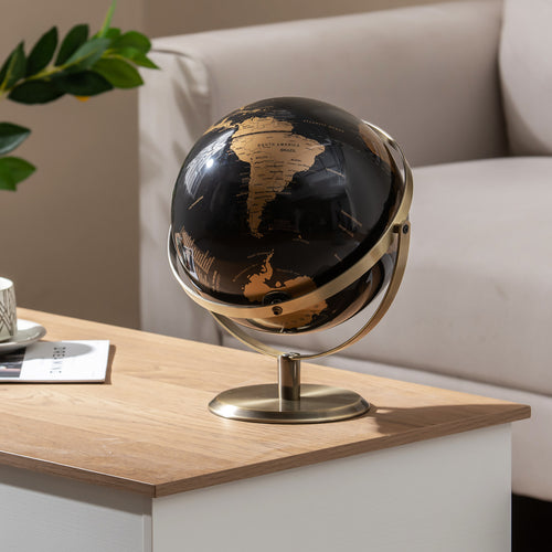 9-Inch Metallic Black World Globe with Metal Stand, Golden