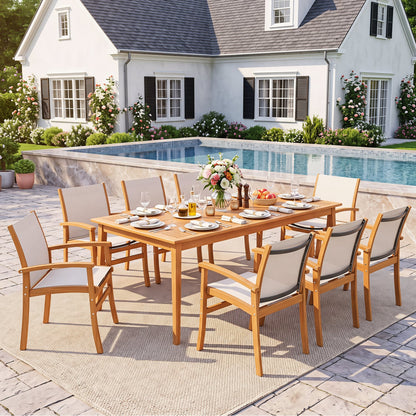 9 Piece Acacia Wood Dining Set With 80" Table & Fabric Armchairs, Yellow