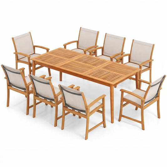 9 Piece Acacia Wood Dining Set With 80" Table & Fabric Armchairs, Yellow Patio Furniture Sets Yellow at Gallery Canada