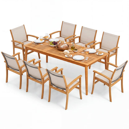 9 Piece Acacia Wood Dining Set With 80" Table & Fabric Armchairs, Yellow