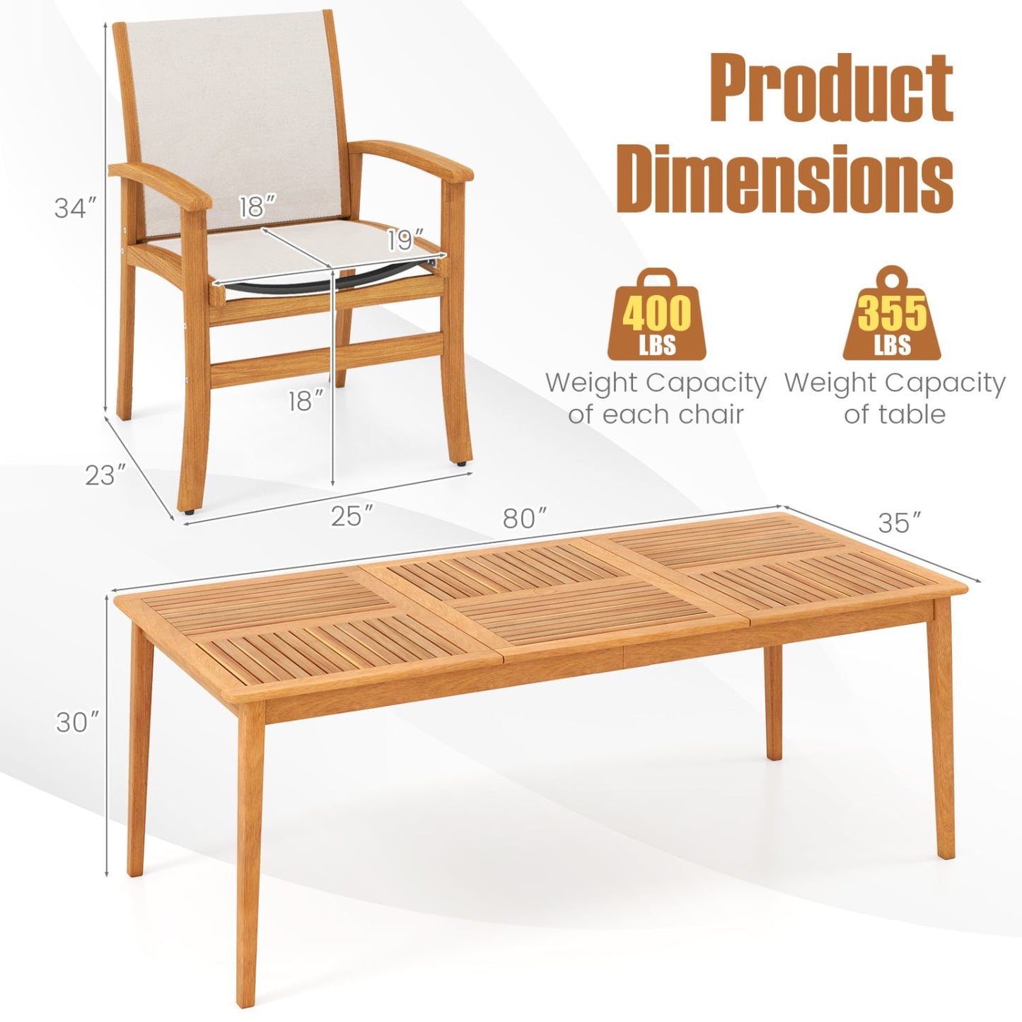 9 Piece Acacia Wood Dining Set With 80" Table & Fabric Armchairs, Yellow