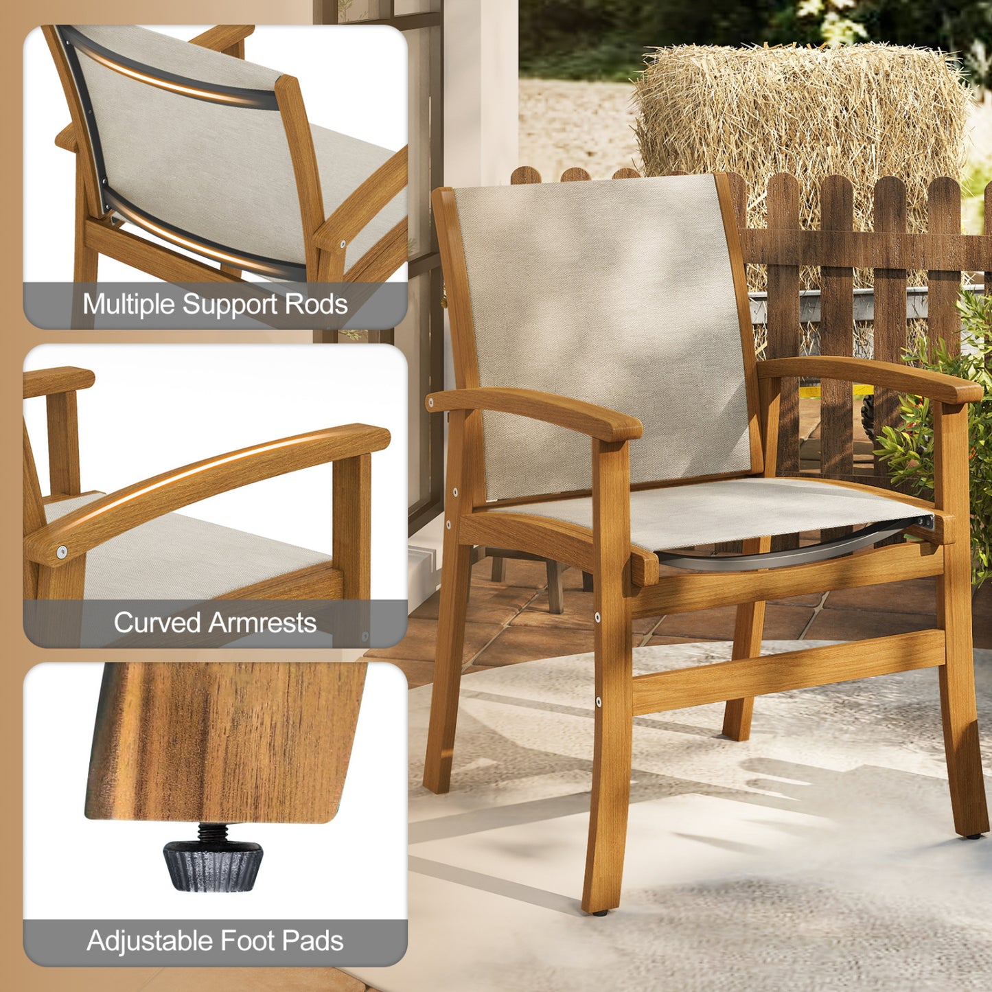 9 Piece Acacia Wood Dining Set With 80" Table & Fabric Armchairs, Yellow