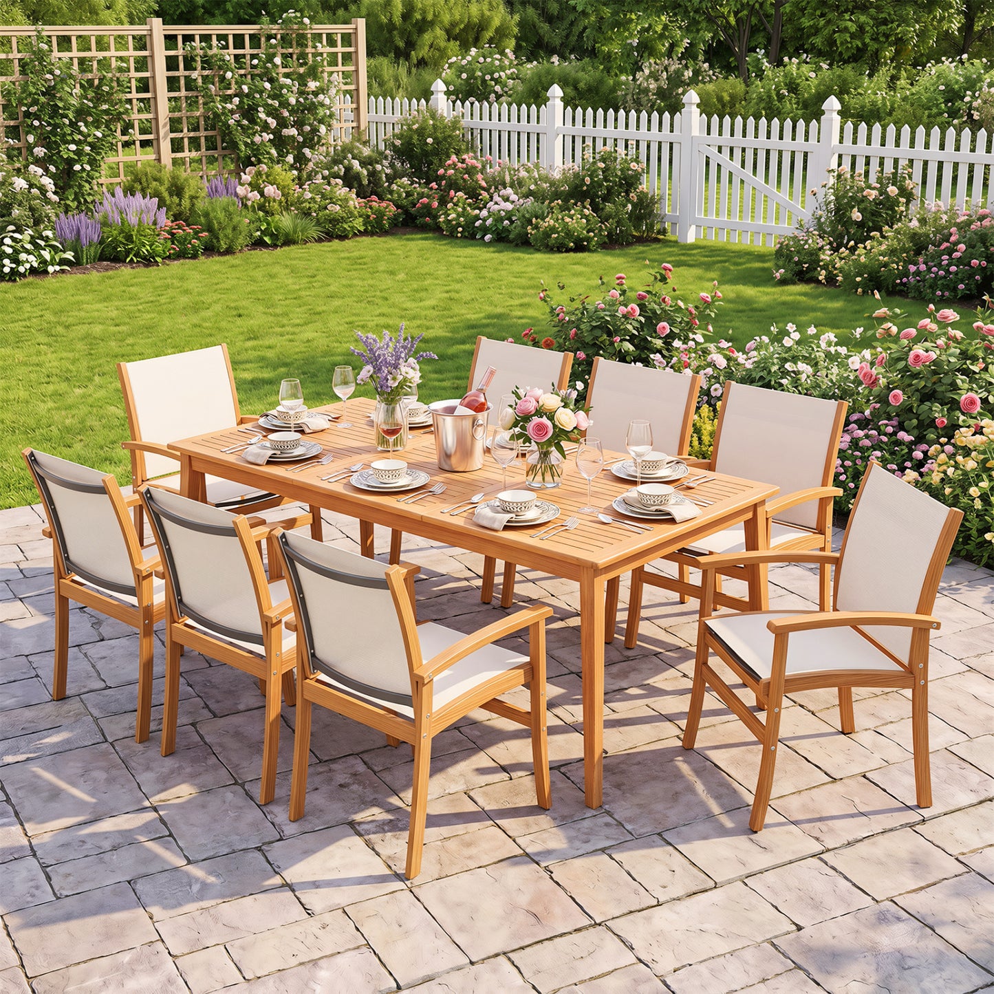 9 Piece Acacia Wood Dining Set With 80" Table & Fabric Armchairs, Yellow