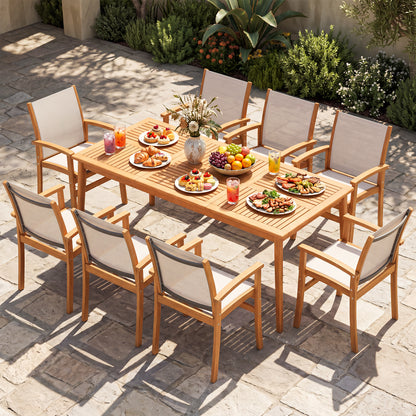 9 Piece Acacia Wood Dining Set With 80" Table & Fabric Armchairs, Yellow