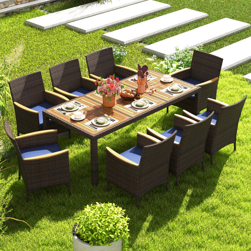 9 Piece Outdoor Dining Set, Acacia Wood Table Top, Navy