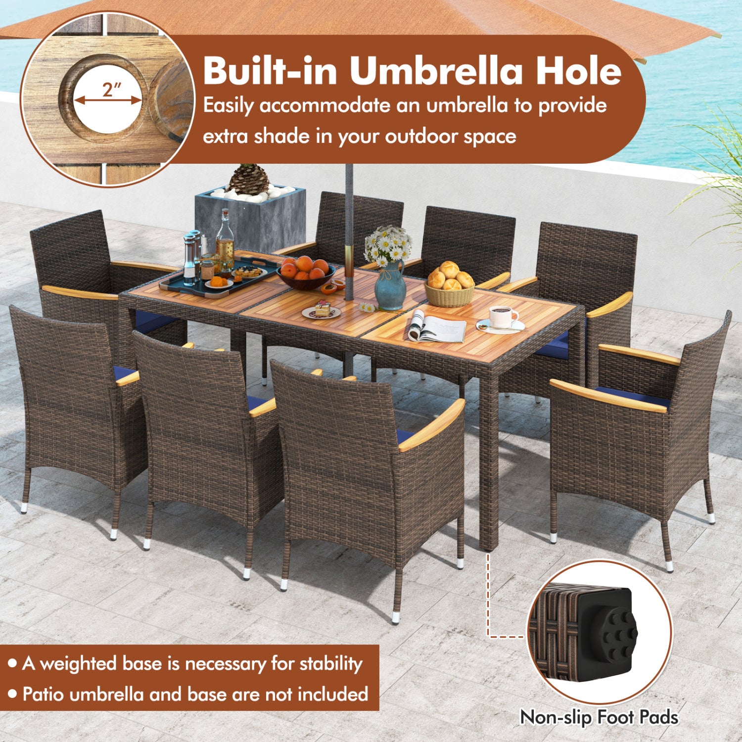 9 Piece Outdoor Dining Set, Acacia Wood Table Top, Navy Patio Dining Sets at Gallery Canada