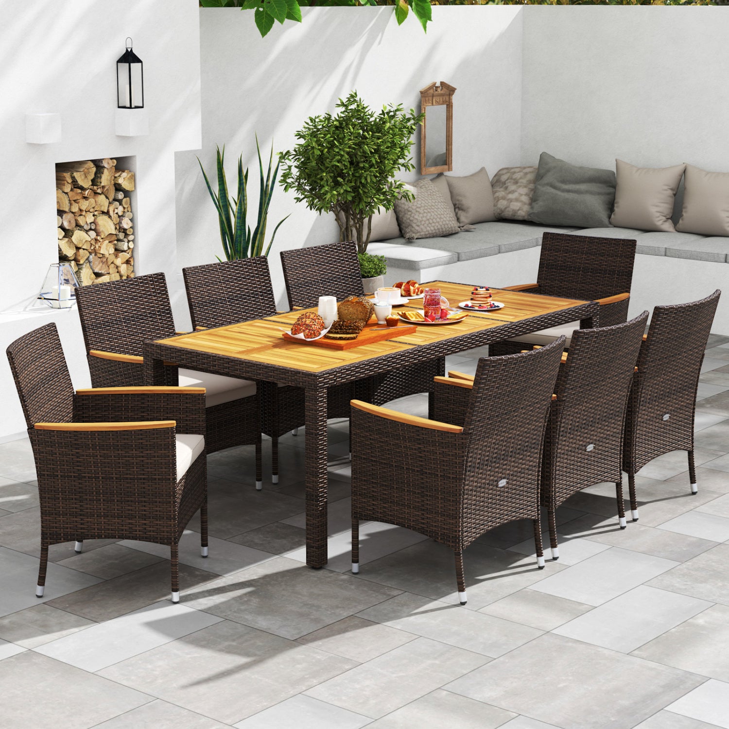 9 Piece Outdoor Dining Set, Acacia Wood Table Top, Beige Patio Dining Sets at Gallery Canada