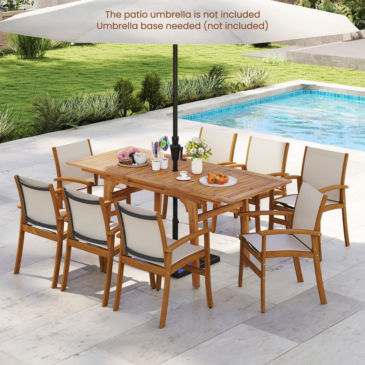 9 Pieces Outdoor Acacia Wood Patio Dining Set for 6-8, Beige