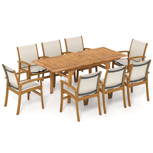 9 Pieces Outdoor Acacia Wood Patio Dining Set for 6-8, Beige