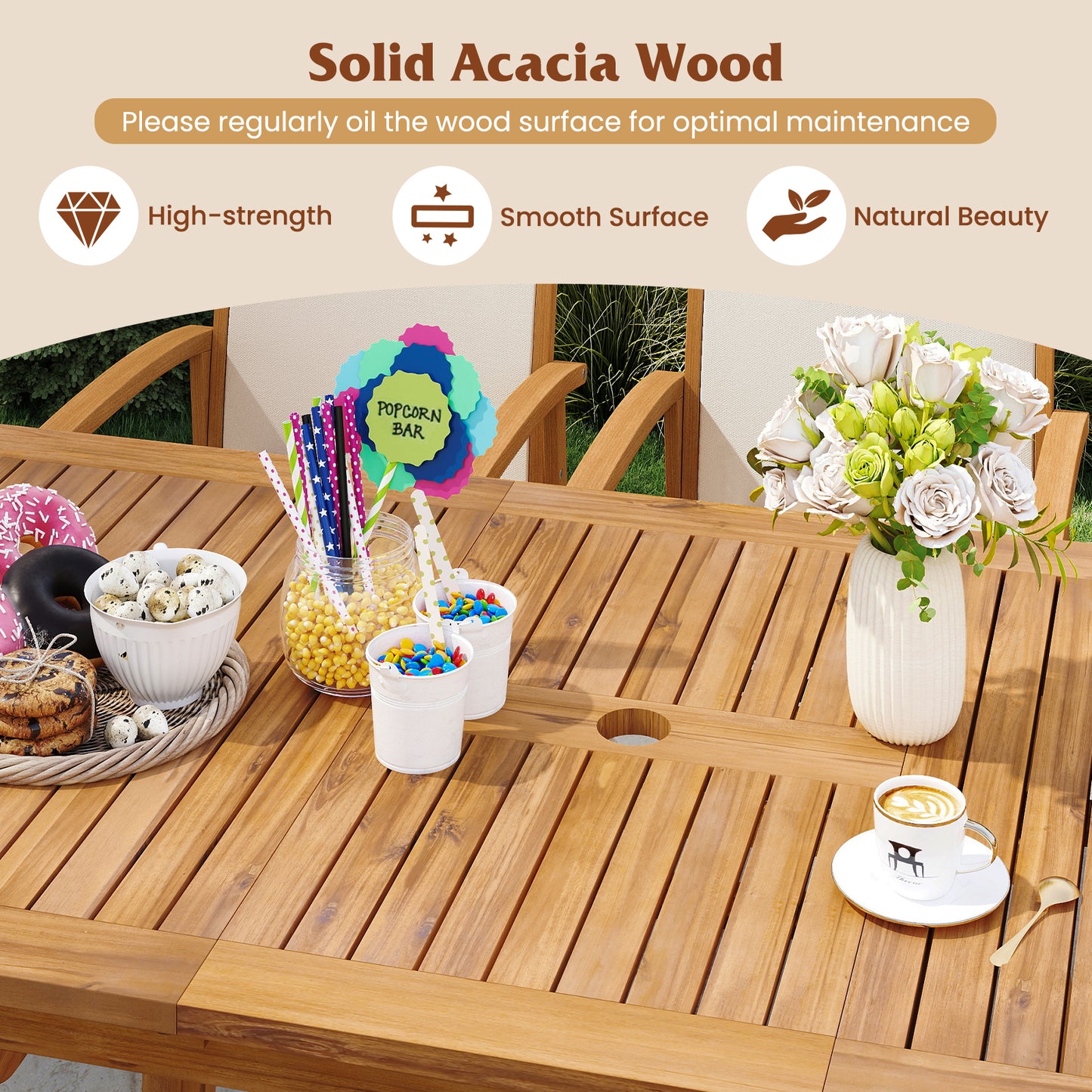 9 Pieces Outdoor Acacia Wood Patio Dining Set for 6-8, Beige