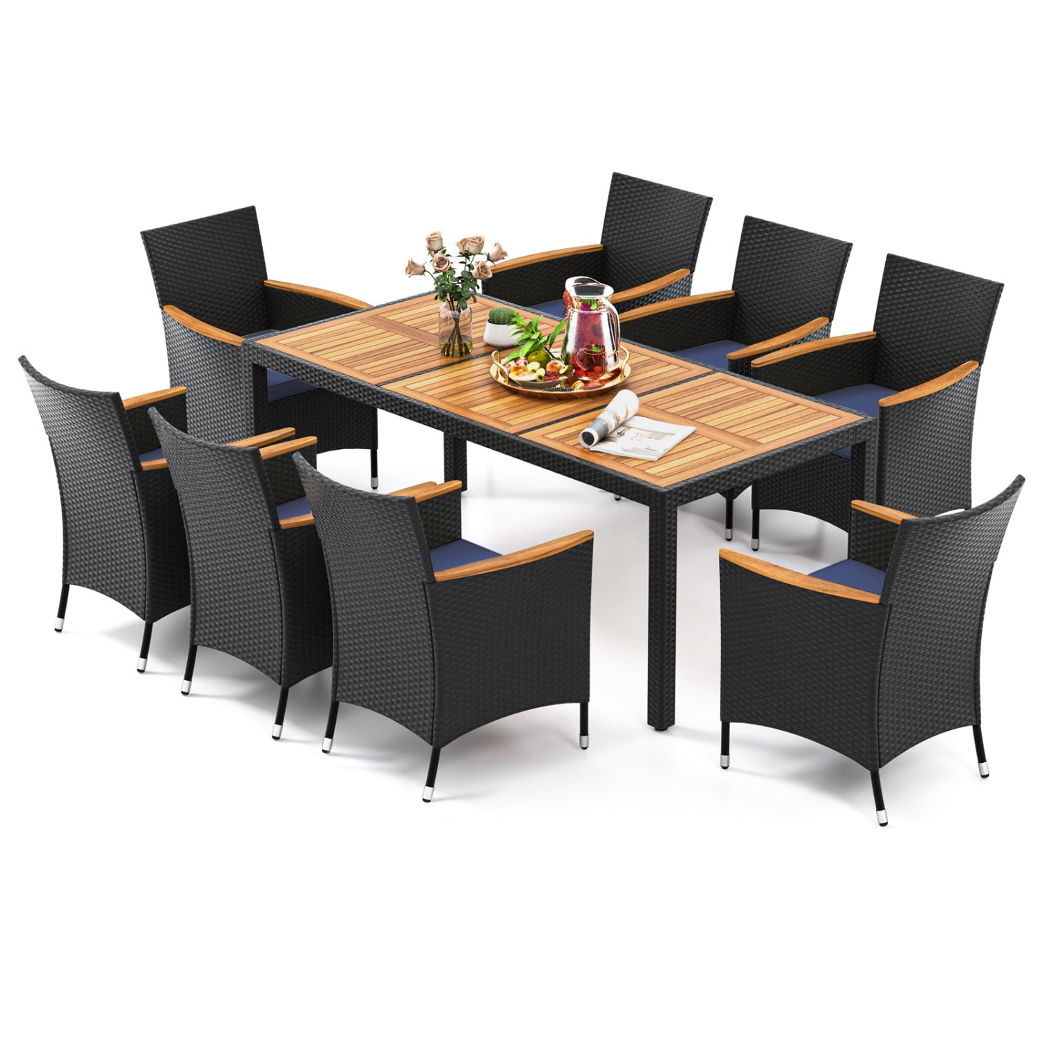 9 Piece Outdoor Dining Set, Acacia Wood Tabletop, Navy Patio Dining Sets at Gallery Canada