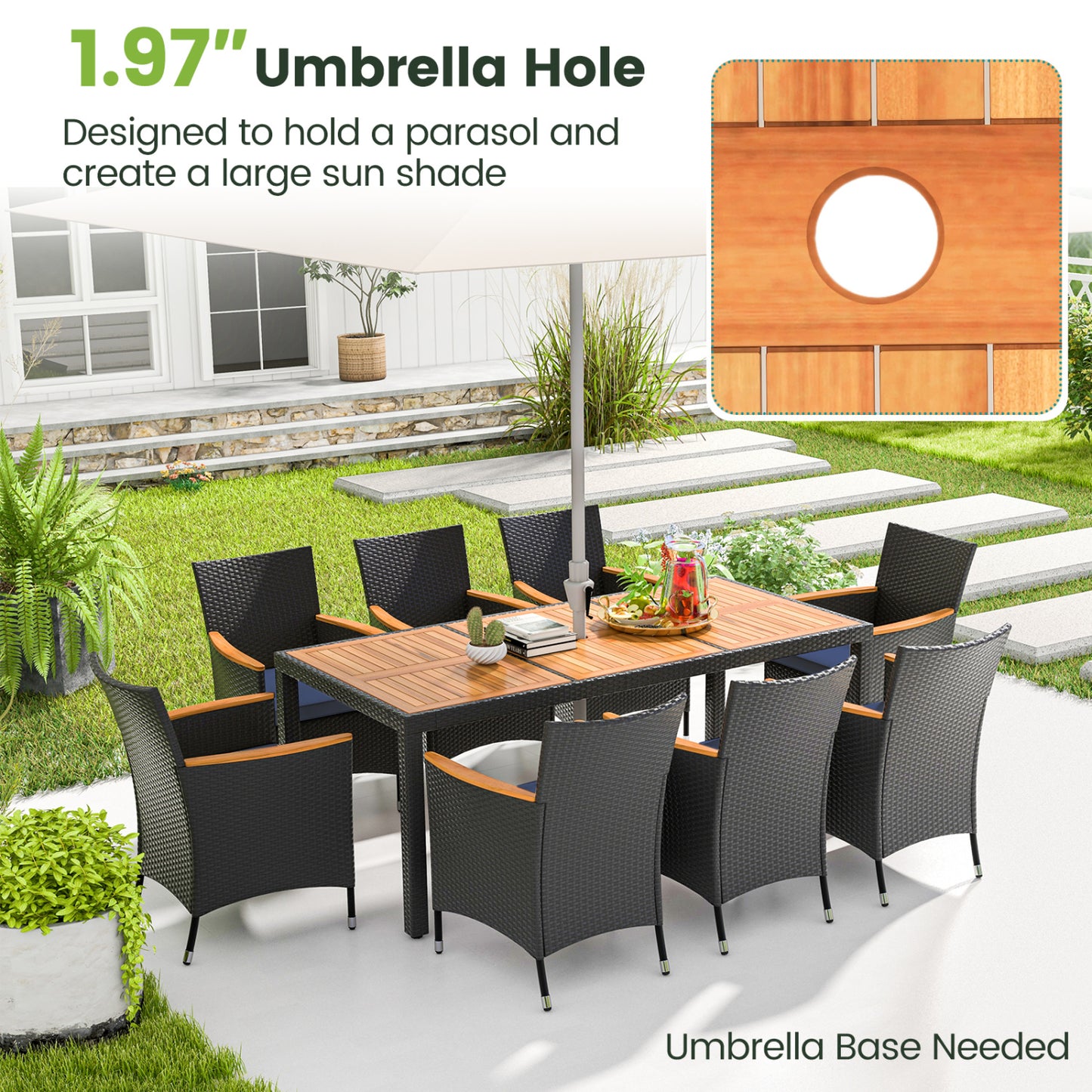 9 Piece Outdoor Dining Set, Acacia Wood Tabletop, Navy Patio Dining Sets at Gallery Canada