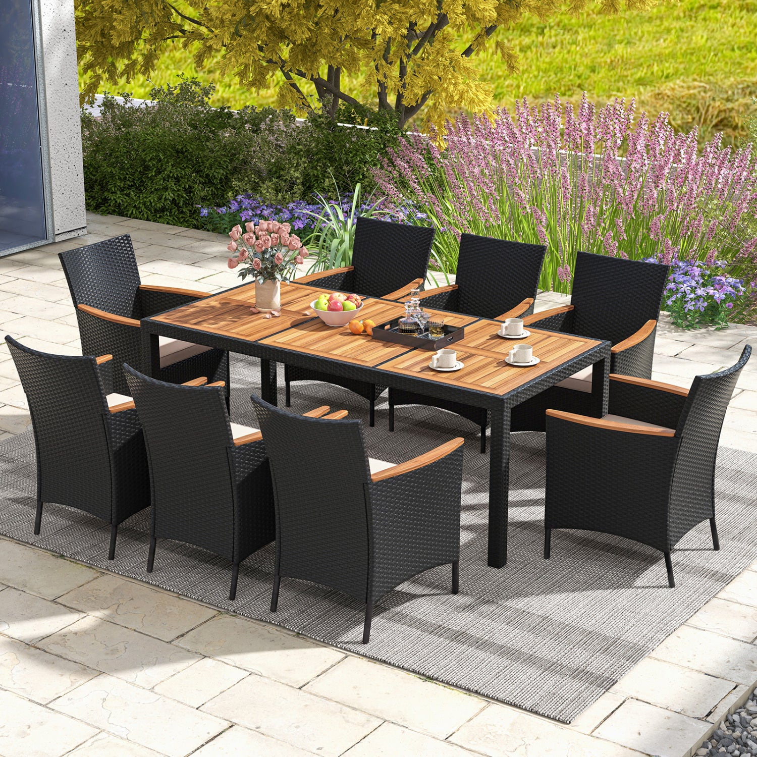 9 Piece Outdoor Dining Set, Acacia Wood Tabletop, Beige Patio Dining Sets at Gallery Canada