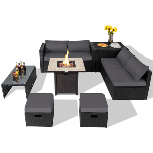 9 Piece Outdoor PE Rattan Sectional Sofa, 42 Inch Gas Fire Pit Table, Gray