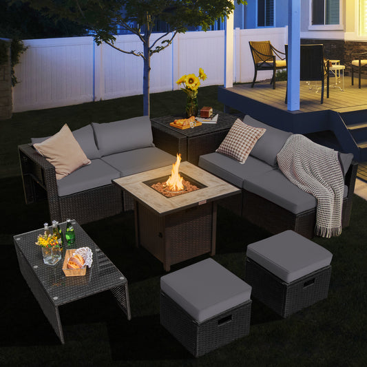 9 Piece Outdoor PE Rattan Sectional Sofa, 42 Inch Gas Fire Pit Table, Gray Outdoor Sectionals Gray at Gallery Canada