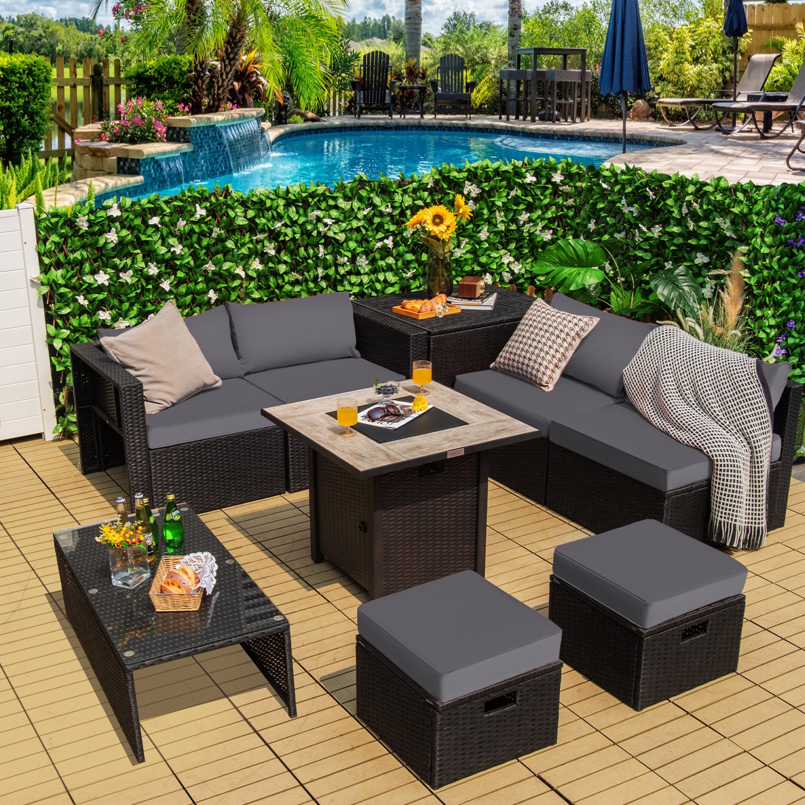 9 Piece Outdoor PE Rattan Sectional Sofa, 42 Inch Gas Fire Pit Table, Gray Outdoor Sectionals at Gallery Canada