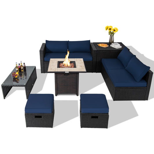 Outdoor PE Rattan Sectional Sofa, 42 Inch Gas Fire Pit Table, Navy Outdoor Sectionals Navy at Gallery Canada