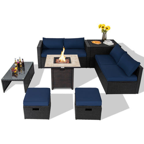 Outdoor PE Rattan Sectional Sofa, 42 Inch Gas Fire Pit Table, Navy