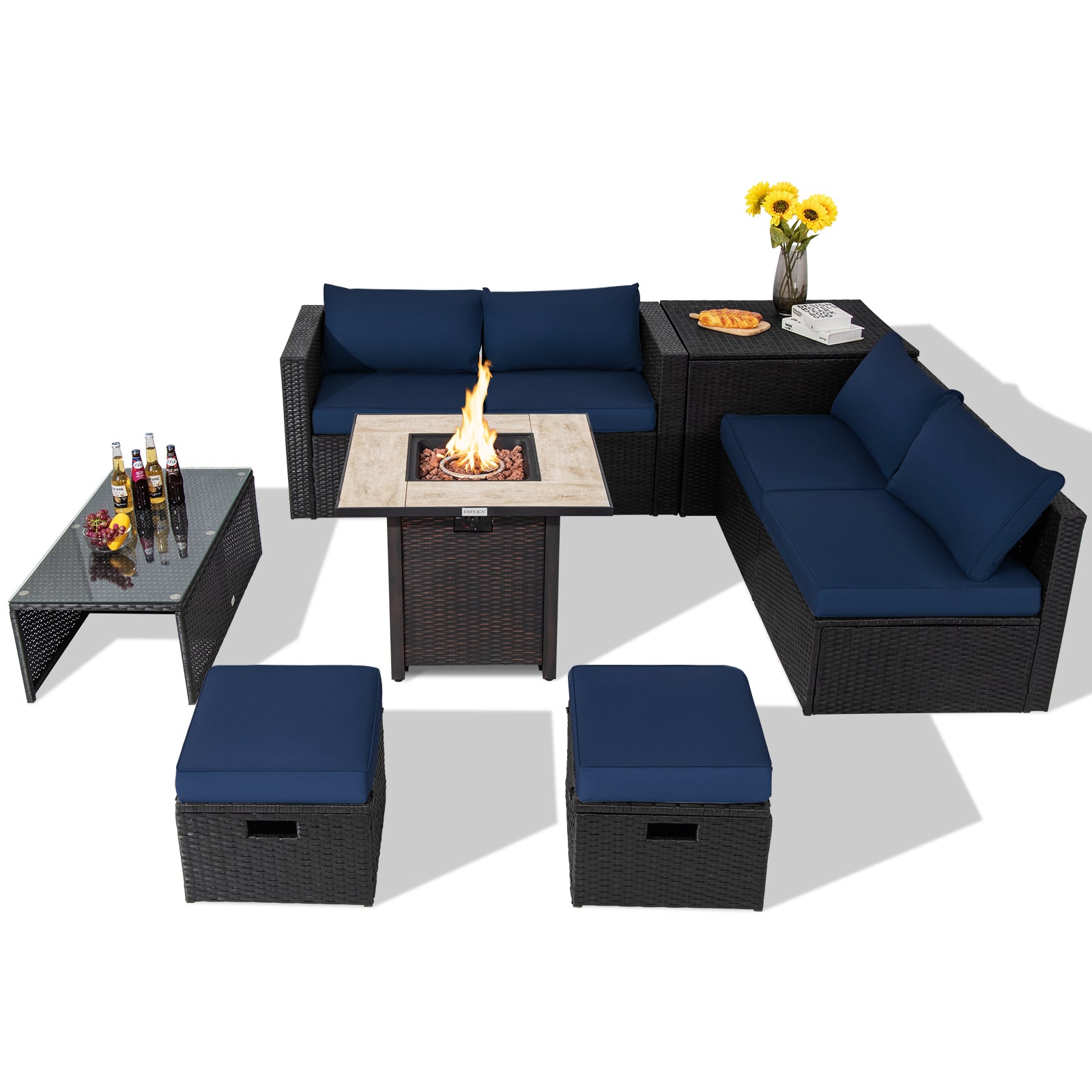Outdoor PE Rattan Sectional Sofa, 42 Inch Gas Fire Pit Table, Navy Outdoor Sectionals at Gallery Canada