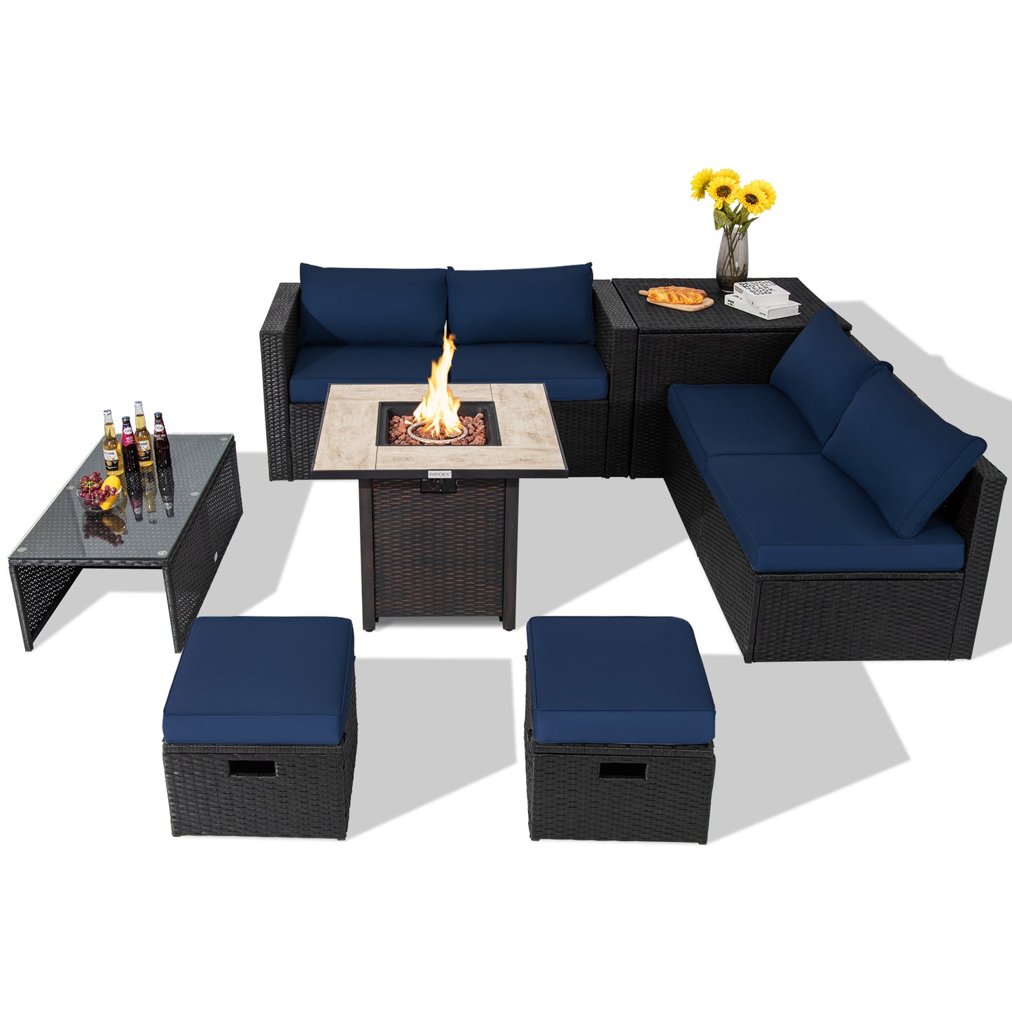 Outdoor PE Rattan Sectional Sofa, 42 Inch Gas Fire Pit Table, Navy Outdoor Sectionals at Gallery Canada