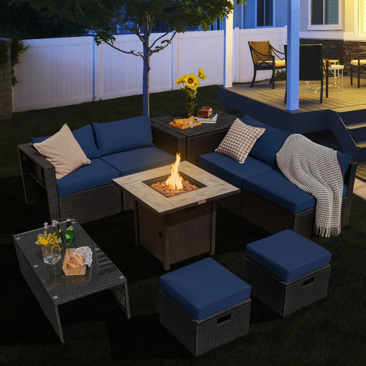 Outdoor PE Rattan Sectional Sofa, 42 Inch Gas Fire Pit Table, Navy Outdoor Sectionals Navy at Gallery Canada