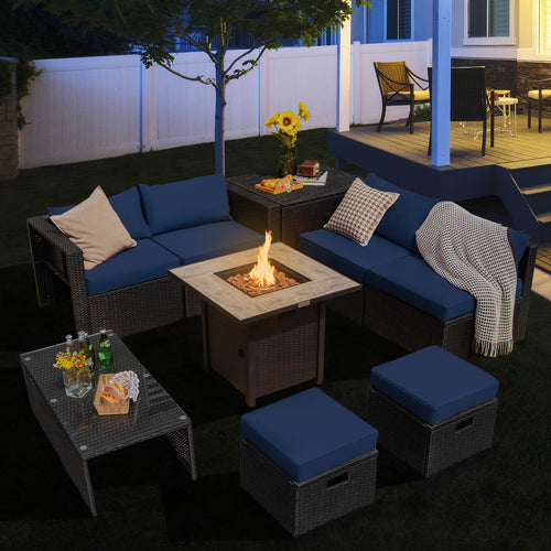 Outdoor PE Rattan Sectional Sofa, 42 Inch Gas Fire Pit Table, Navy