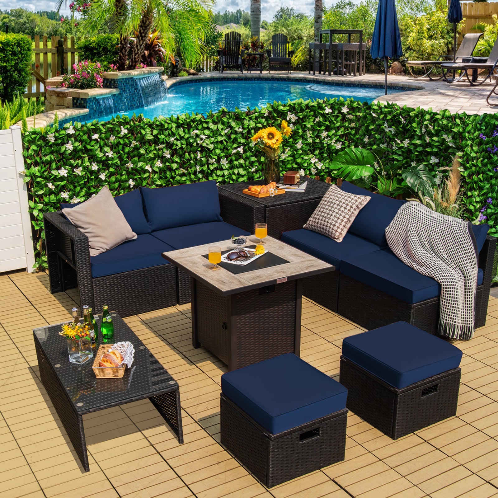 Outdoor PE Rattan Sectional Sofa, 42 Inch Gas Fire Pit Table, Navy Outdoor Sectionals at Gallery Canada