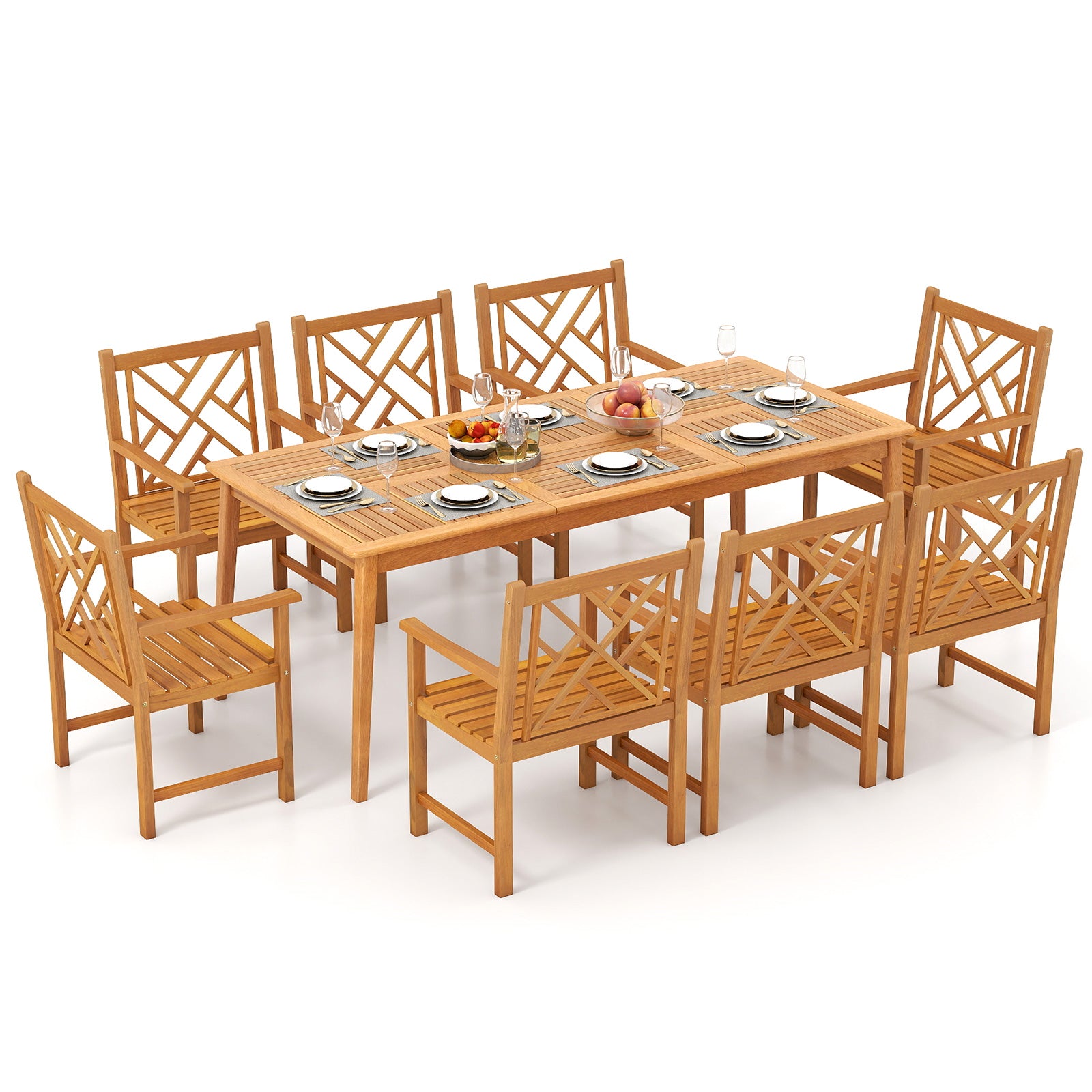 9-Piece Wood Rectangular Patio Dining Table Set, 8 Chairs, Slatted Tabletop Patio Dining Sets at Gallery Canada