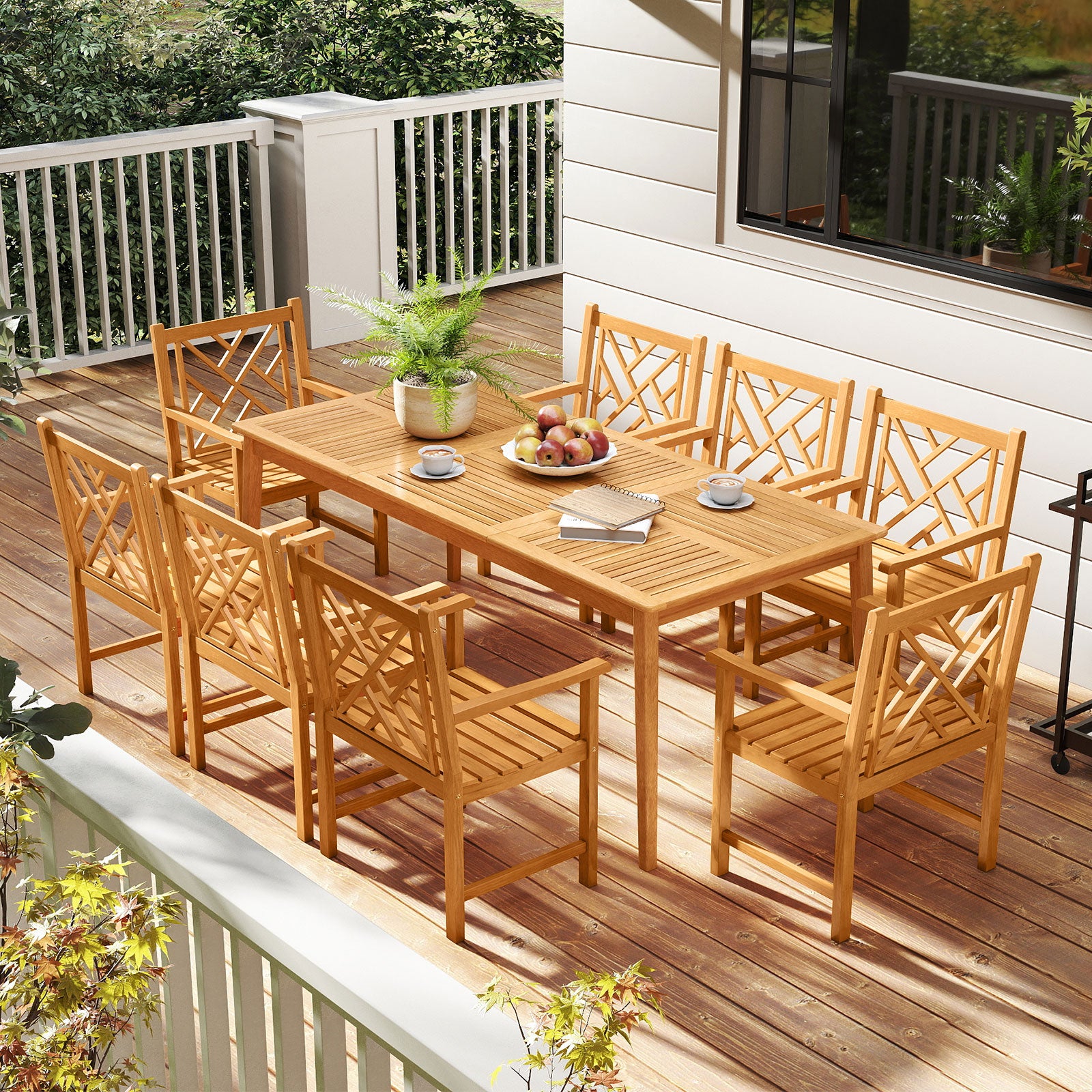 9-Pieces Patio Dining Table Set Wood Rectangular Dining Table with 8 Chairs and Slatted Tabletop Patio Dining Sets at Gallery Canada