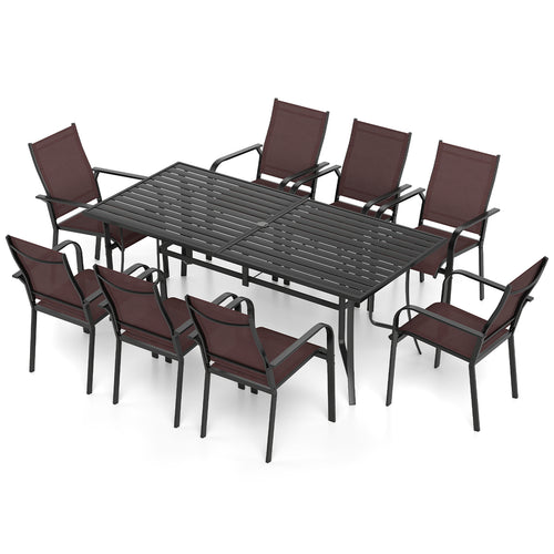 9 Piece Patio Dining Set, Rectangular Table, Stackable Chairs, Brown