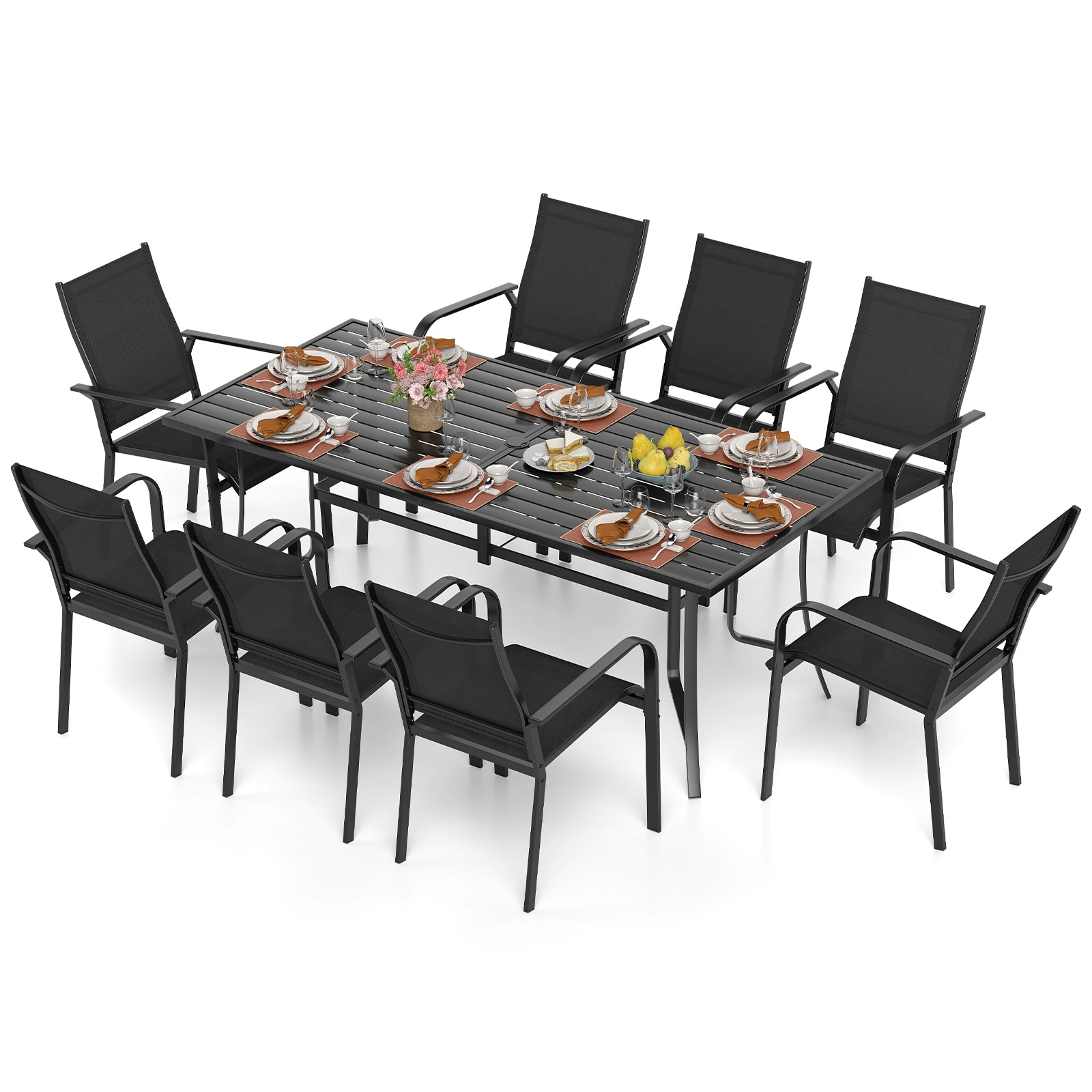 9 Piece Patio Dining Set, 8 Stackable Chairs, Outdoor Rectangular Table, Black Patio Conversation Sets at Gallery Canada
