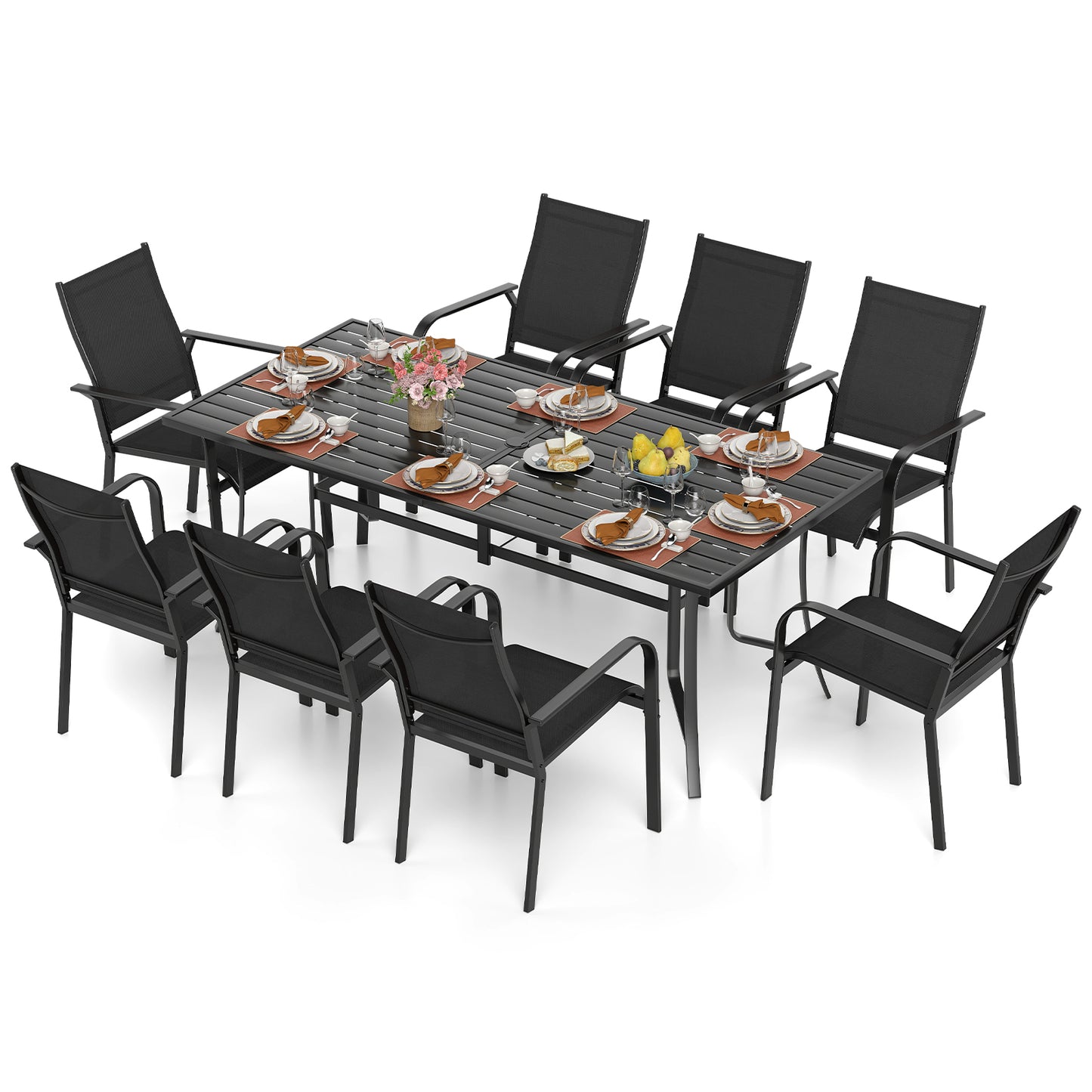 9 Piece Patio Dining Set, 8 Stackable Chairs, Outdoor Rectangular Table, Black Patio Conversation Sets at Gallery Canada