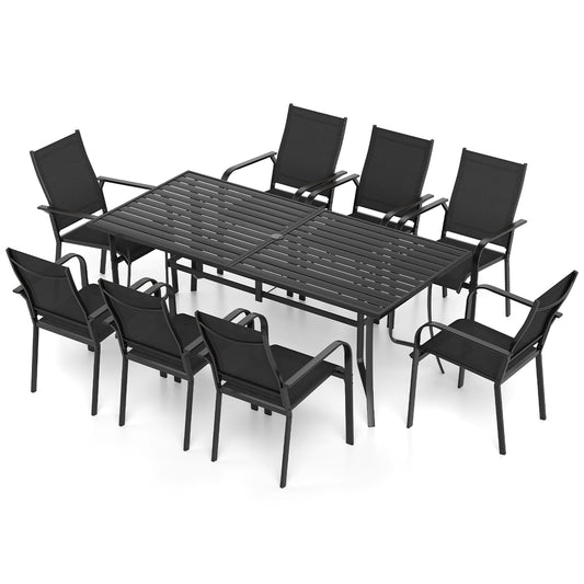 9 Piece Patio Dining Set, 8 Stackable Chairs, Outdoor Rectangular Table, Black Patio Conversation Sets Black at Gallery Canada