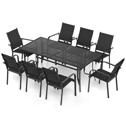 9 Piece Patio Dining Set, 8 Stackable Chairs, Outdoor Rectangular Table, Black